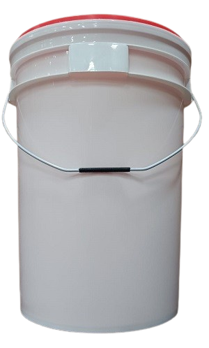 White plastic bucket with metal handle and red lid, suitable for storage and industrial use.